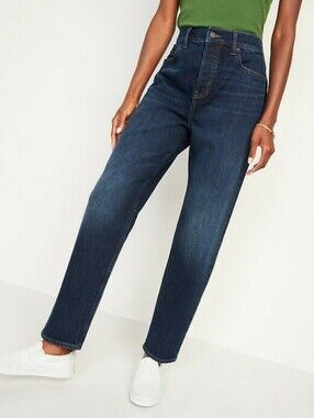Old Navy Extra High Rise Straight Button Fly Jeans Size 8 TALL Mid Blue Indigo